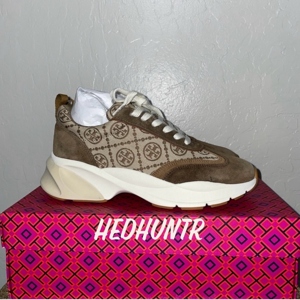🎉HP🎉New! Tory Burch Good Luck Monogram Suede Sneakers- Hazel Size 8.5M👟 - Picture 4 of 9